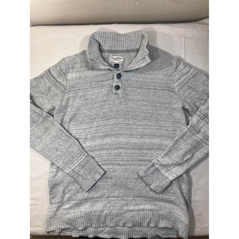 Flag & Anthem‎ Mens Gray Textured Stripe 100% Cotton Button Mock Neck Sweater L